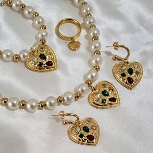 💖18K Gold Plated White Heart Pearl Crystal 4pcs Necklaces Jewelry Set
